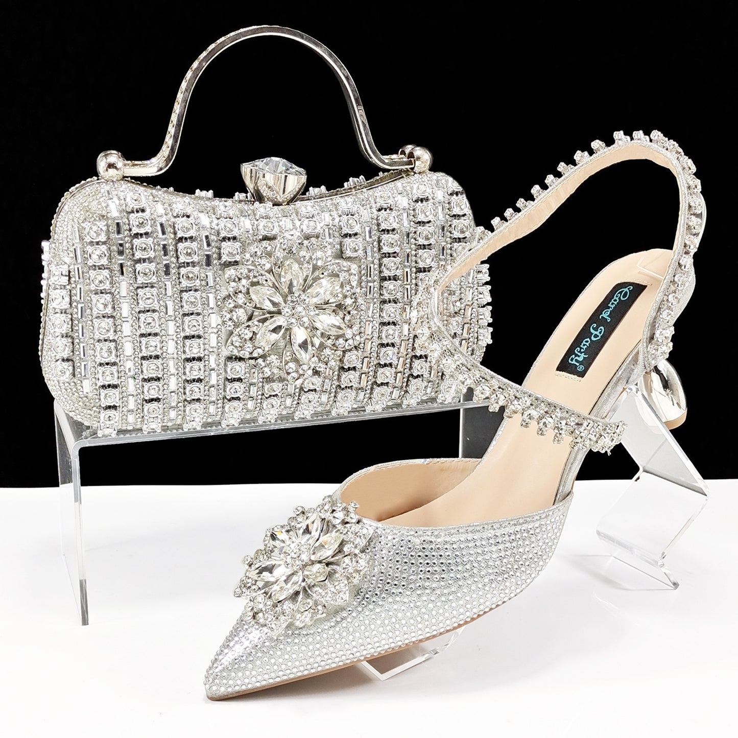 Sexy Women's Shoes And Bags Suit Drill Buckle Flower Decorative Ankle Drill Chain With Hard Clutch