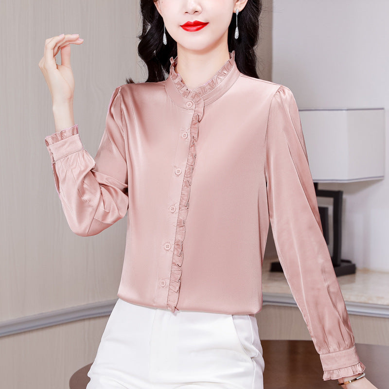 Temperament Long Sleeve Stringy Selvedge Stand Collar Top