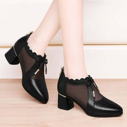 Zipper Pointed Toe Mesh Deep Low-heel Shoes