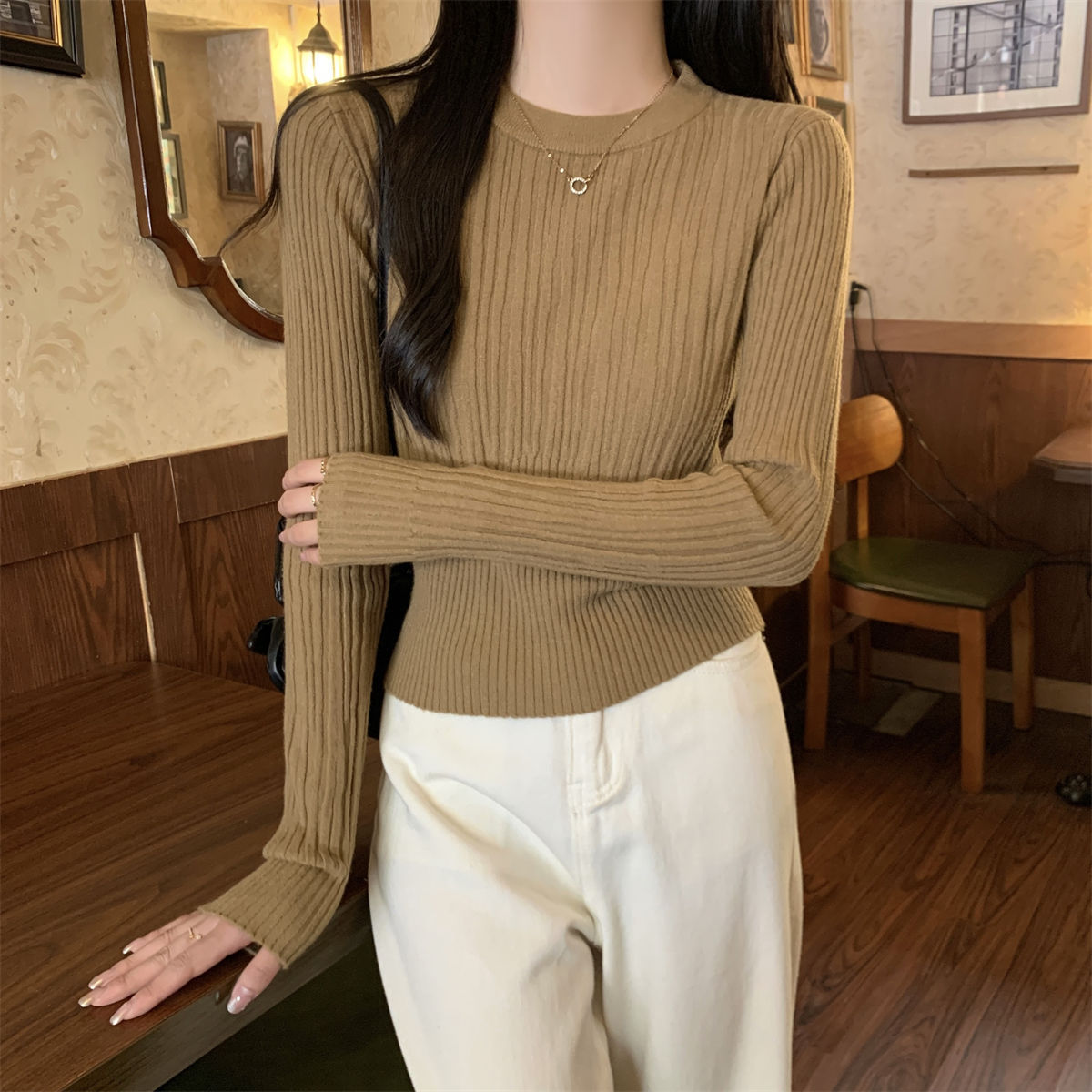 Korean Style Sunken Stripe Round Neck Long Sleeve Sweater