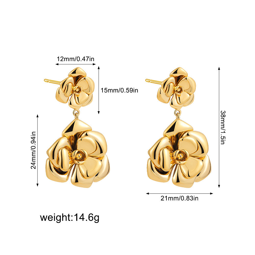 Stainless Steel 18K Gold Camellia Stud Earrings Retro