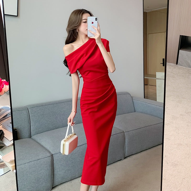 B French Style Temperament Sexy Off-the-shoulder Diagonal Collar Dress Women