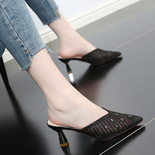 Baotou Half Slippers Women Stiletto Mesh