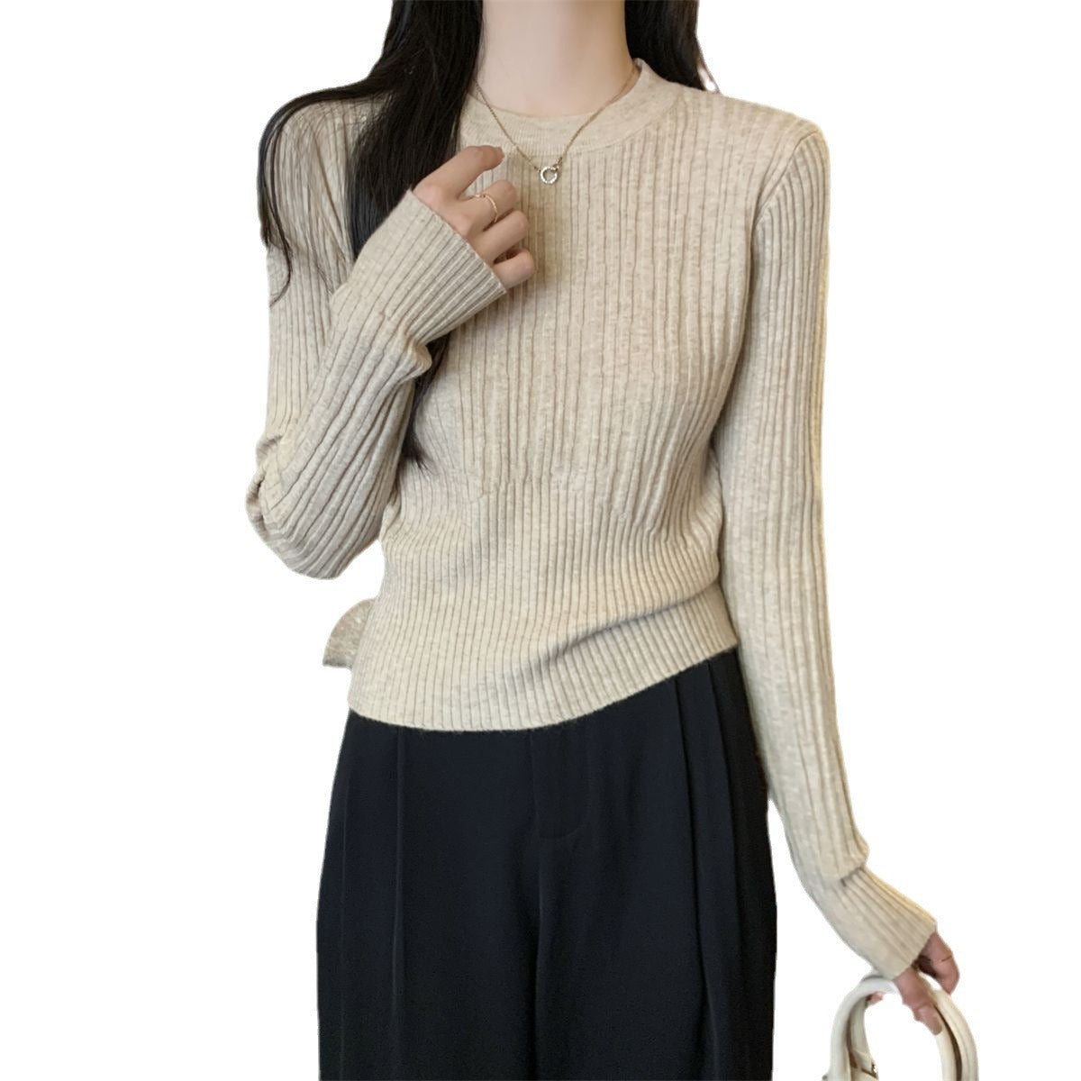 Korean Style Sunken Stripe Round Neck Long Sleeve Sweater