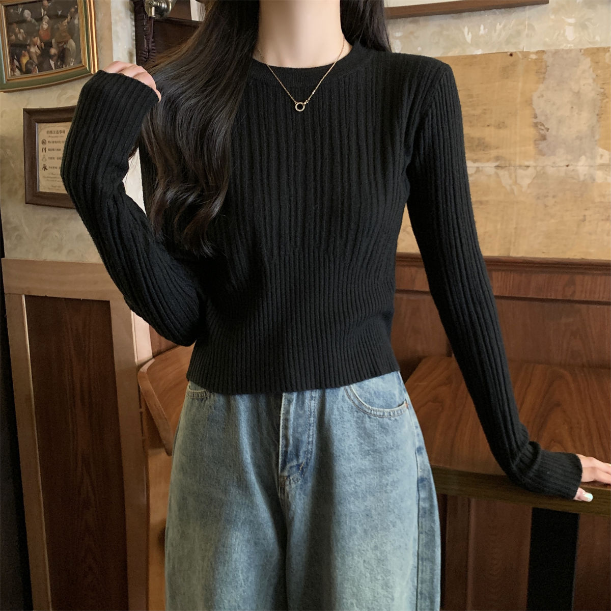 Korean Style Sunken Stripe Round Neck Long Sleeve Sweater