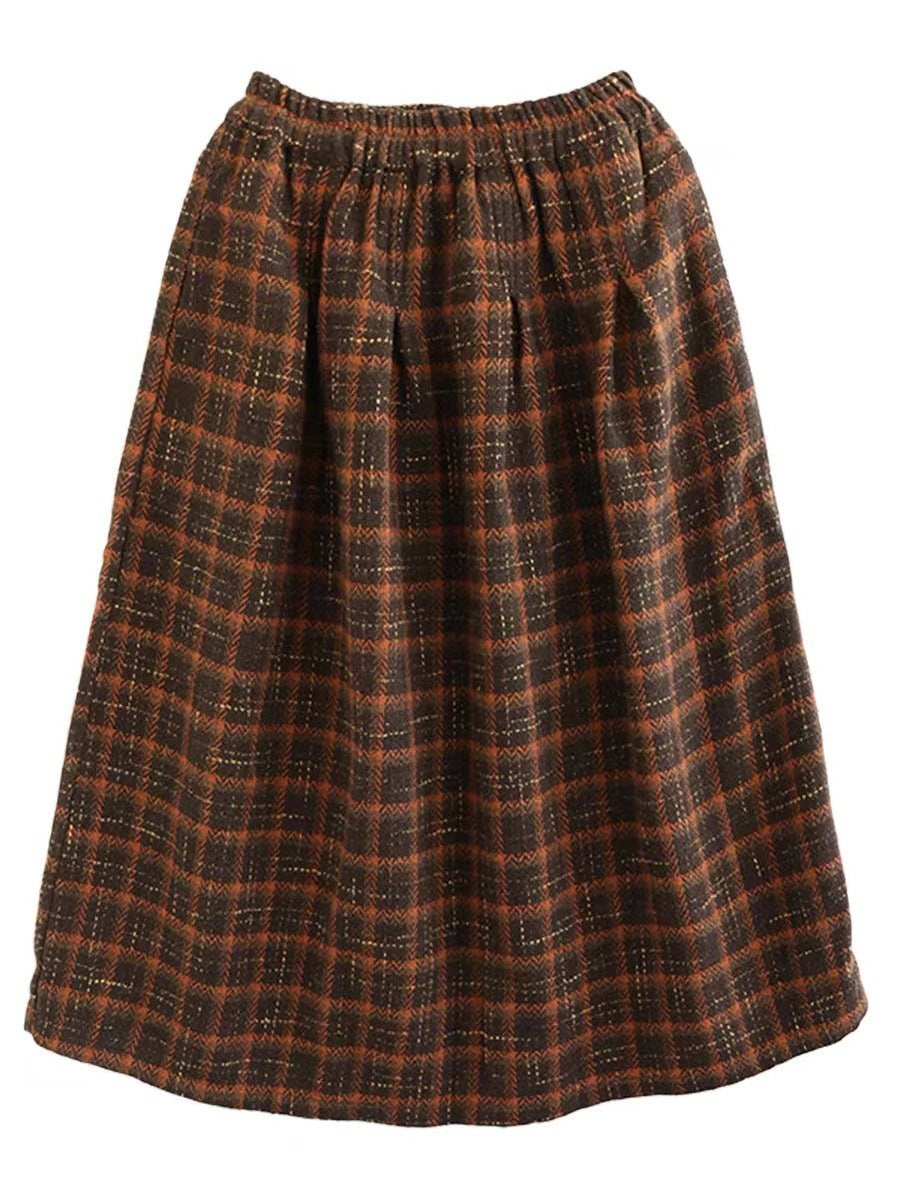 Elastic High Waist Woolen Cloth Plaid A- Line Dress