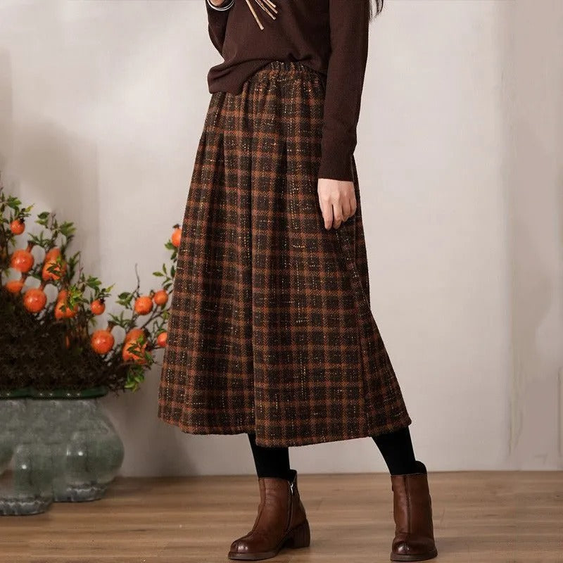 Elastic High Waist Woolen Cloth Plaid A- Line Dress