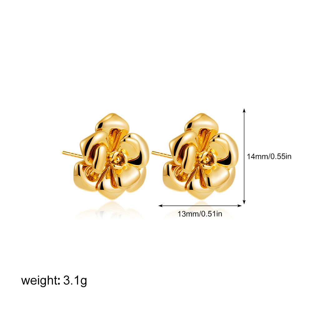 Stainless Steel 18K Gold Camellia Stud Earrings Retro