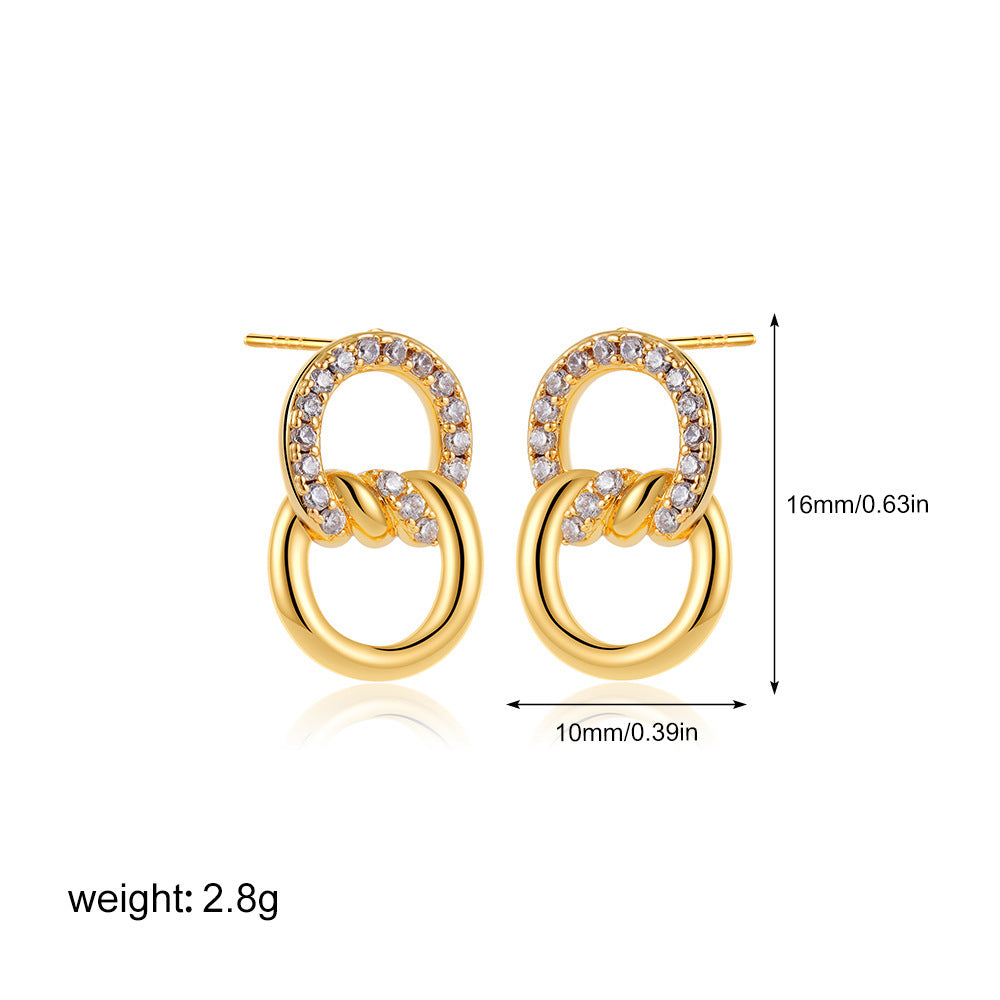 18K Gold Double D Ring Micro Inlaid Zircon Bends And Hitches Stud Earrings