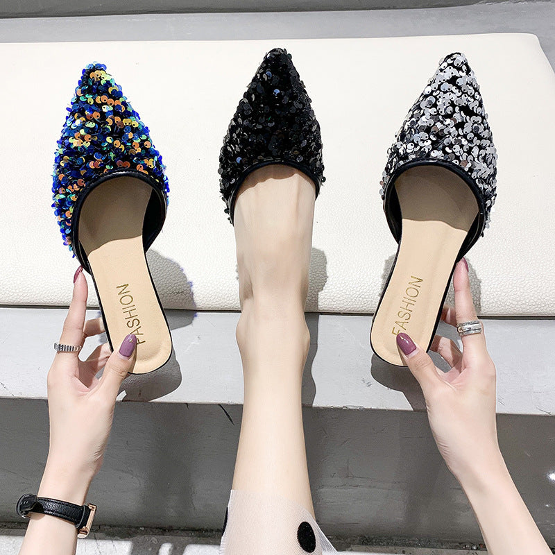 Sequined Half Slippers Pointed Toe Thick Heel Low Heel Women Shoes