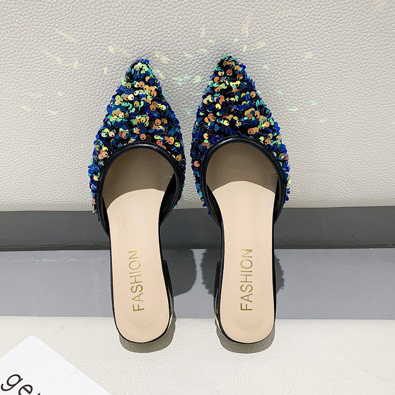 Sequined Half Slippers Pointed Toe Thick Heel Low Heel Women Shoes