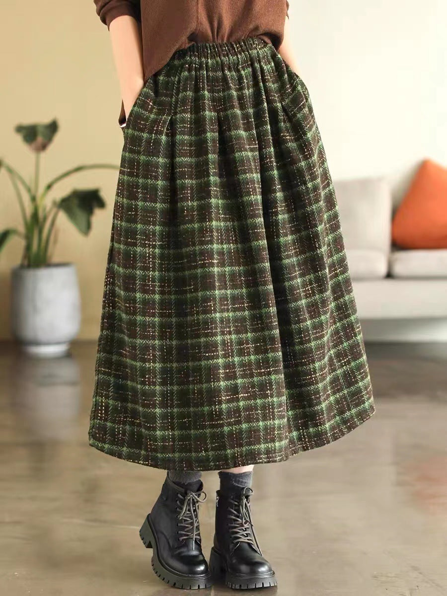 Elastic High Waist Woolen Cloth Plaid A- Line Dress