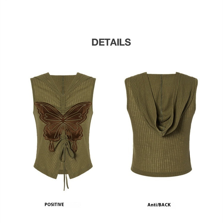 Retro Butterfly Affixed Cloth Embroidered Hoodie With Drawstrings Sleeveless T-shirt