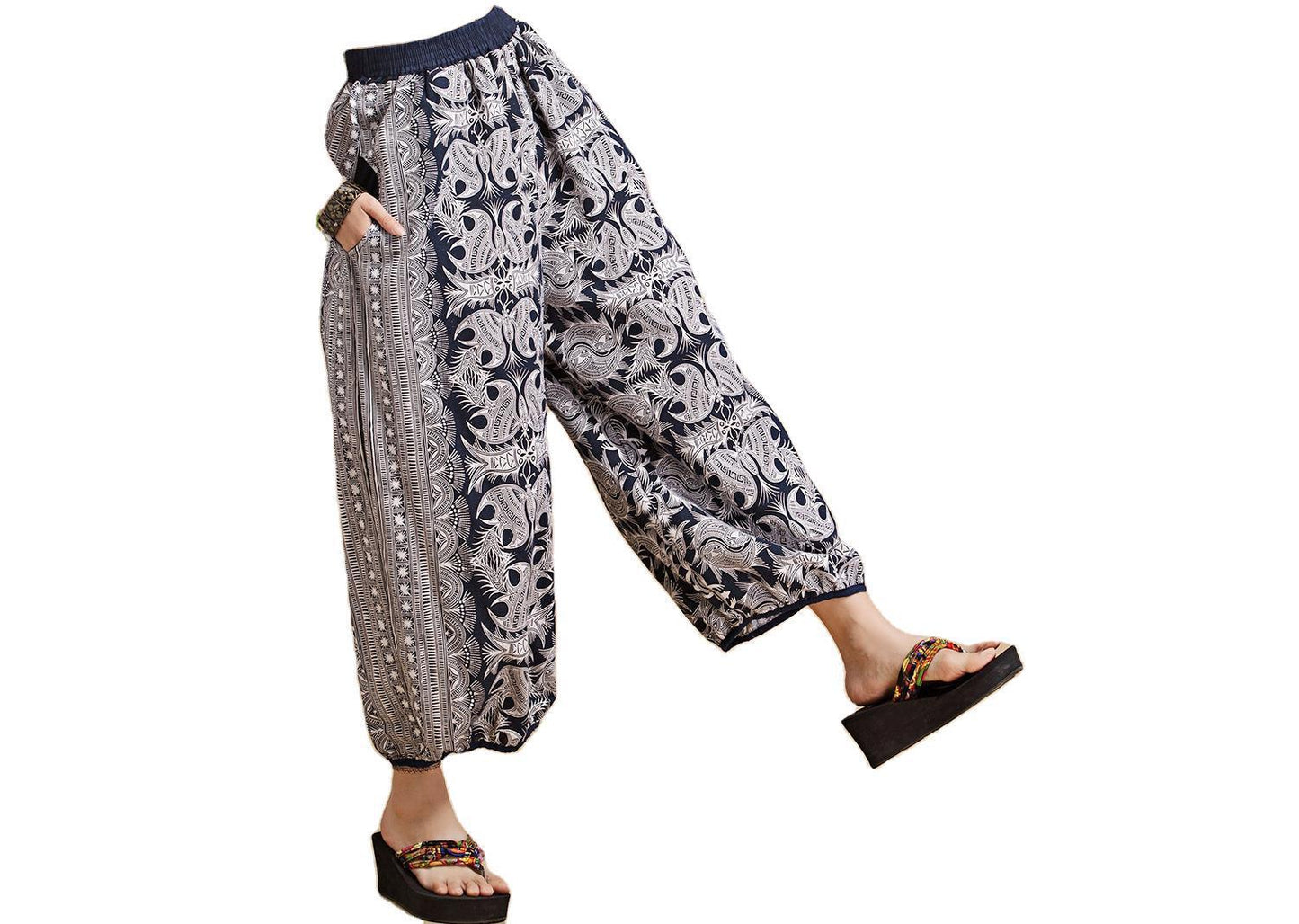 Ethnic Print Women's Pants Linen Cloth Mixed Batch New National Style Bloomers Blue And White Pattern Cropped Library