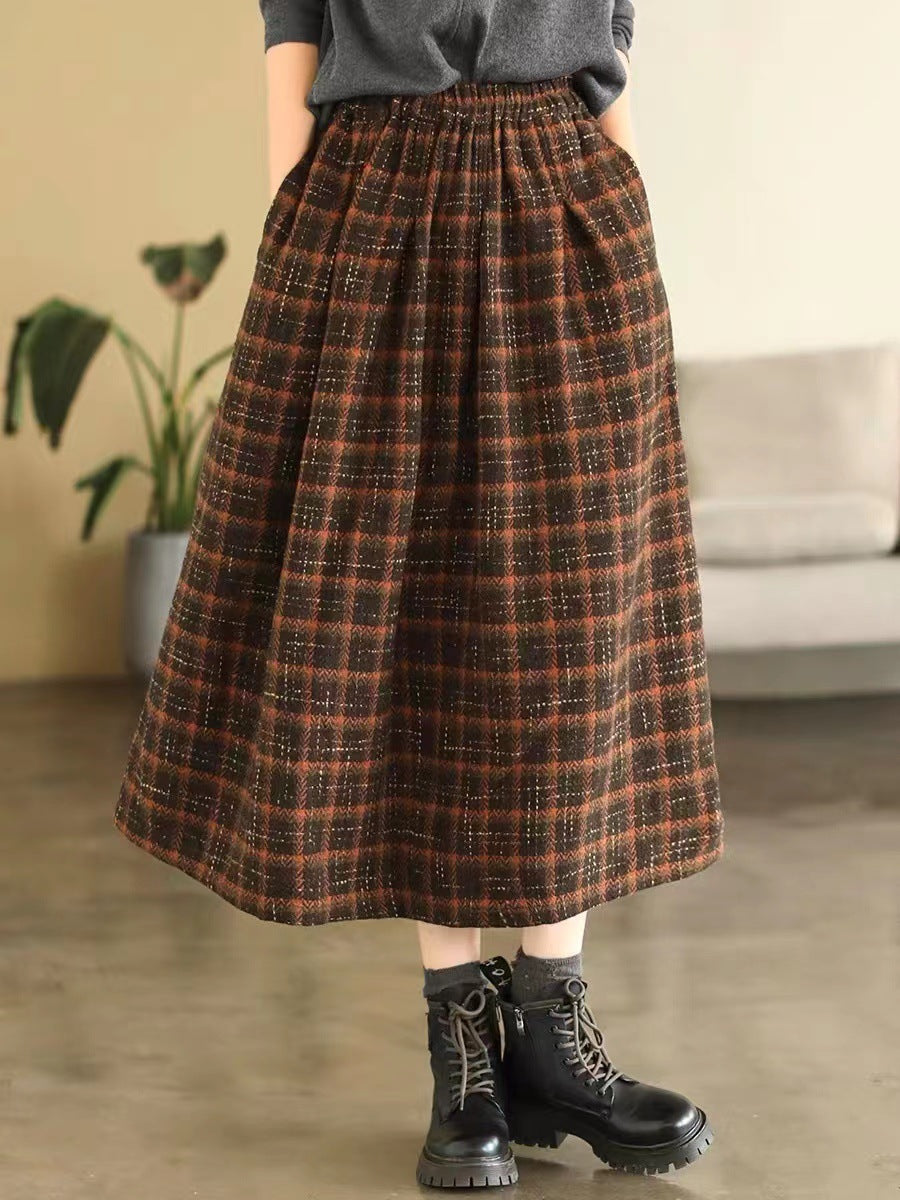 Elastic High Waist Woolen Cloth Plaid A- Line Dress