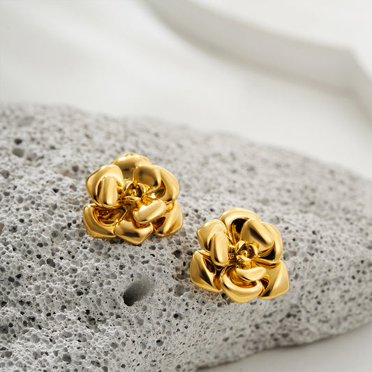 Stainless Steel 18K Gold Camellia Stud Earrings Retro