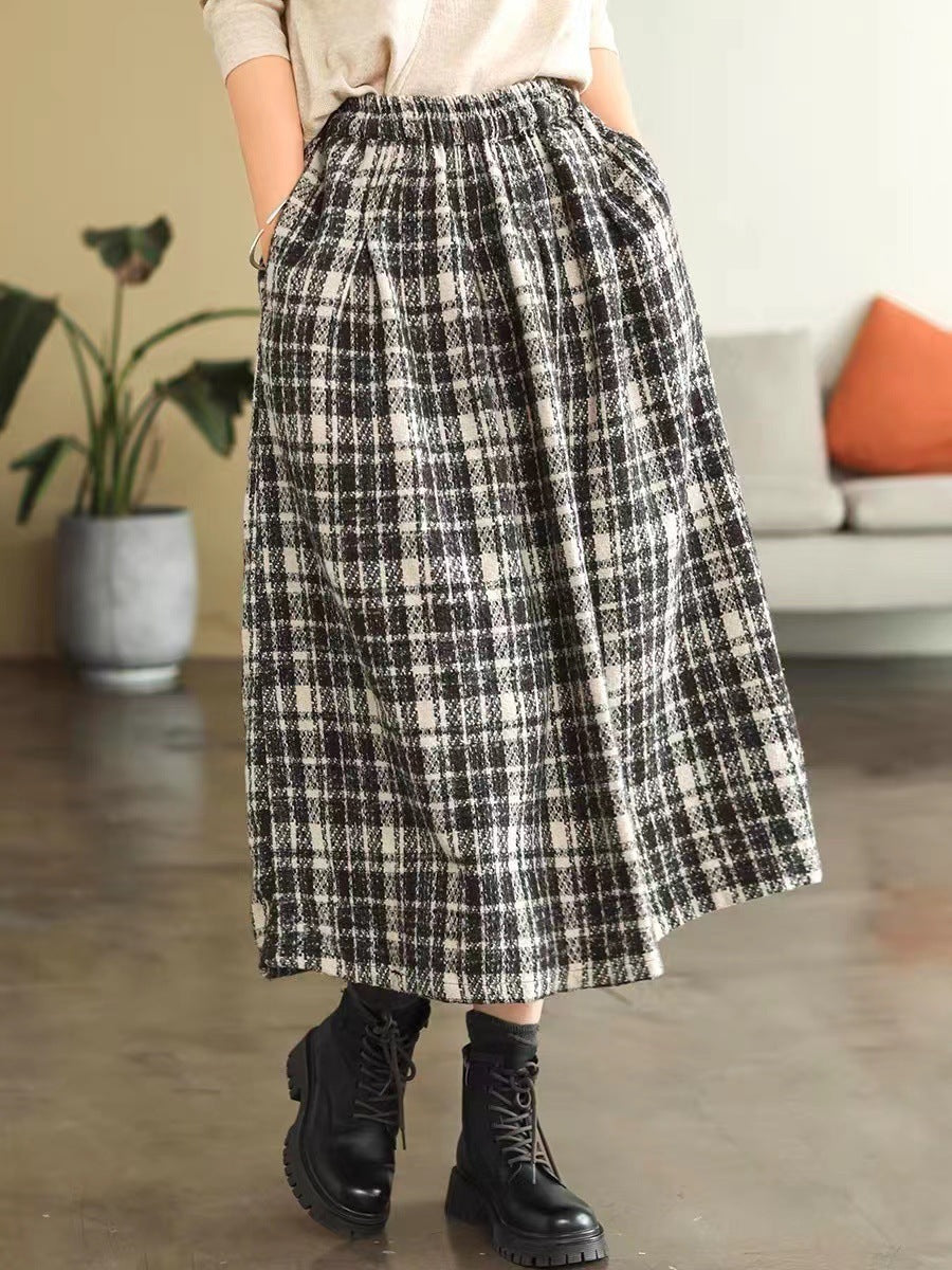 Elastic High Waist Woolen Cloth Plaid A- Line Dress