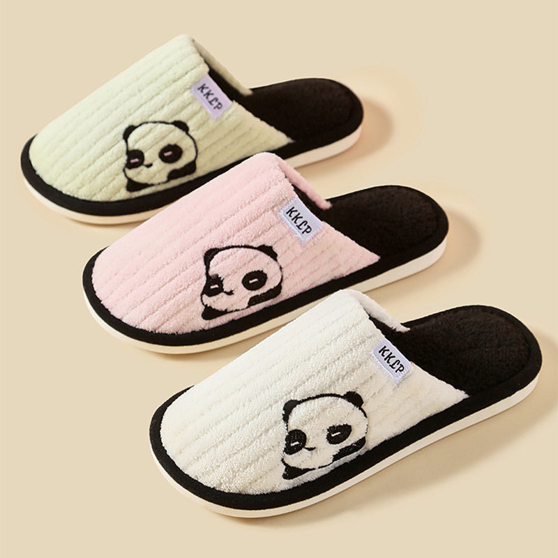 Cute Panda Slippers Winter Warm Home Indoor Non-slip Bedroom Floor Soft Slipper For Couple Fashion Solid Striped House Shoes Women