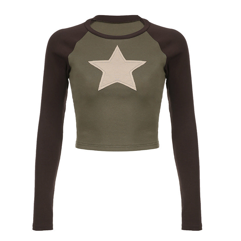 Contrast Color Five-pointed Star Affixed Cloth Embroidered Raglan Sleeve T-shirt