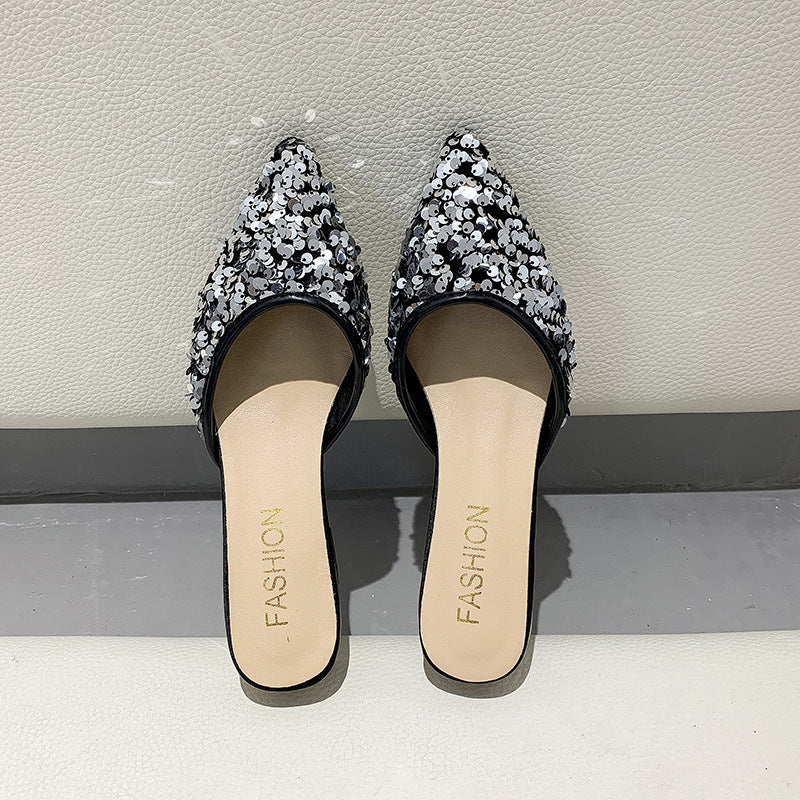 Sequined Half Slippers Pointed Toe Thick Heel Low Heel Women Shoes