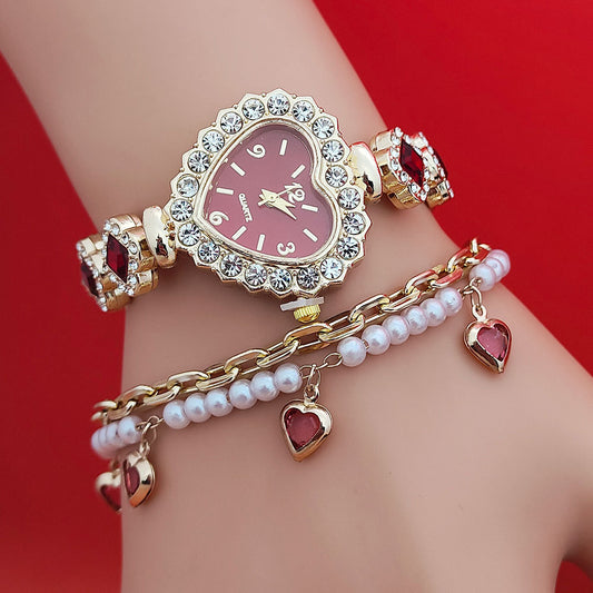 Fashion Diamond-embedded Love Heart-shaped Bracelet Watch Suit