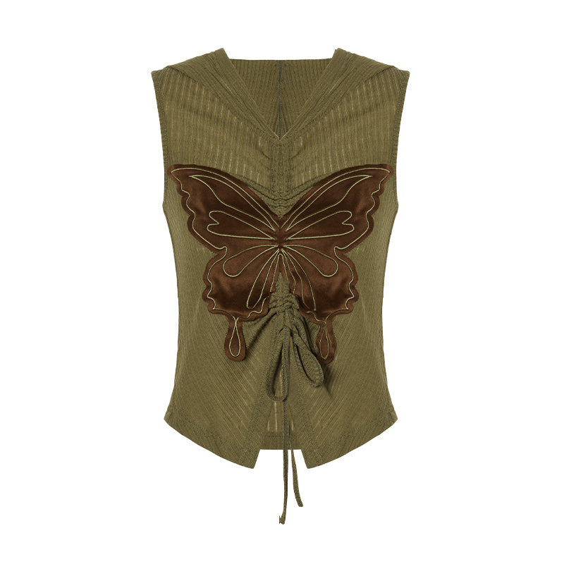 Retro Butterfly Affixed Cloth Embroidered Hoodie With Drawstrings Sleeveless T-shirt