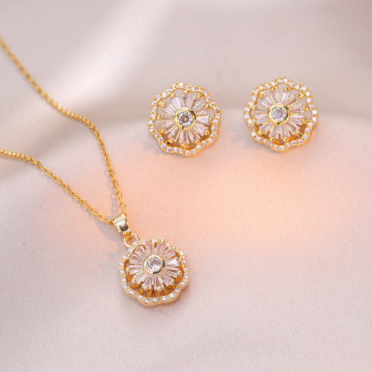 Niche Ins Zircon Flower Rotating Earrings Necklace