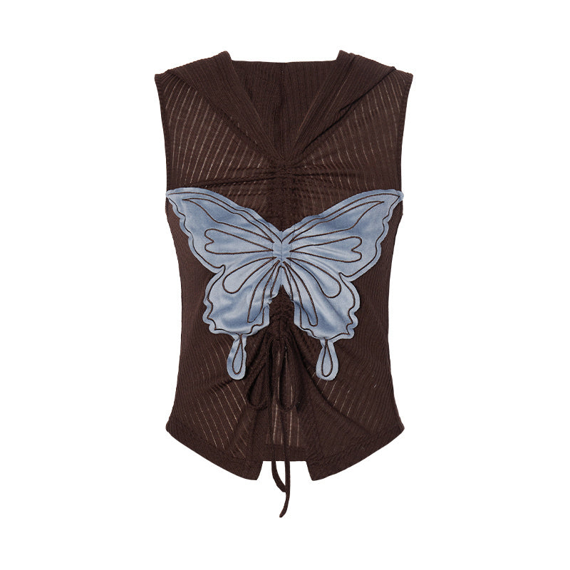 Retro Butterfly Affixed Cloth Embroidered Hoodie With Drawstrings Sleeveless T-shirt