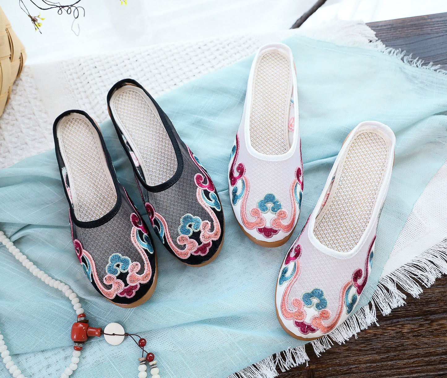 Slippers Mesh Embroidered Cotton Shoes Casual Women Outdoor Slippers