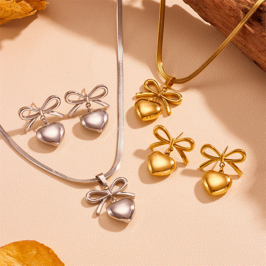 Stainless Steel Peach Heart Bow Necklace Ear Stud Ornament Suit